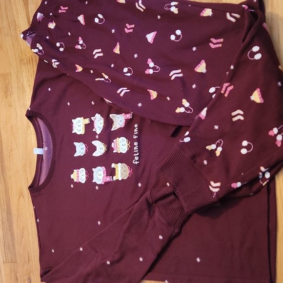 LC Lauren Conrad Burgundy Feline Fine Pajama Set PJs Sz L - Picture 2 of 5